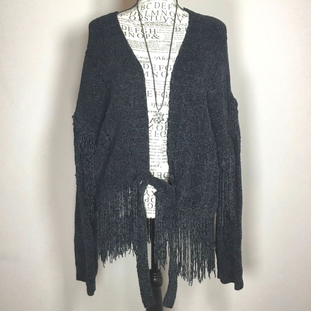 Black chenille tassel hem cardigan soft stretchy Western witchy tassel sleeve XL